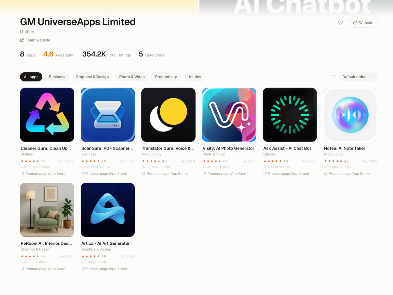 GM UniverseApps' full App Store portfolio on DevScope — Cleaner Guru next to ScanGuru, Translator Guru, Visify, Notee, ReRoom AI and more